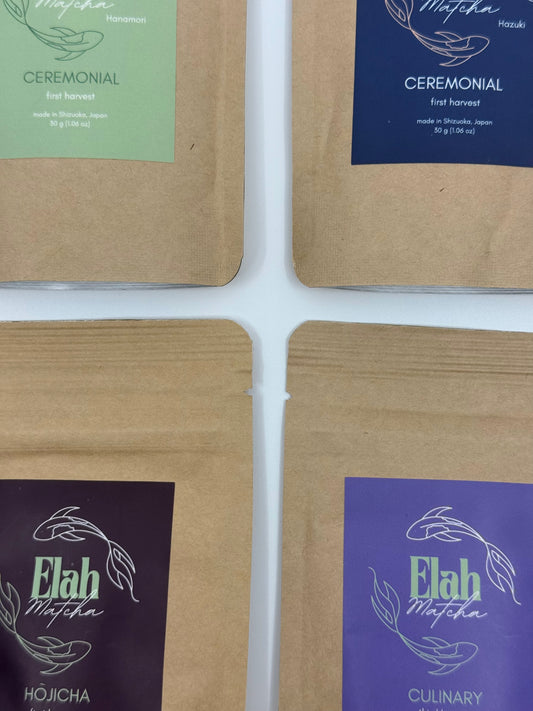 Elah Matcha starter set with ceremonial matcha, culinary matcha, hōjicha and bamboo whisk