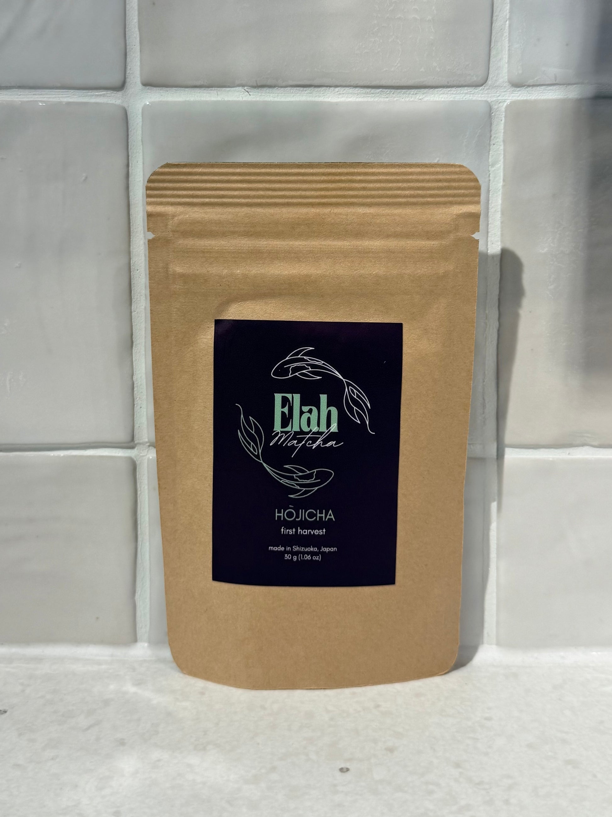 Pouch of Elah Matcha roasted hōjicha green tea powder, 30g